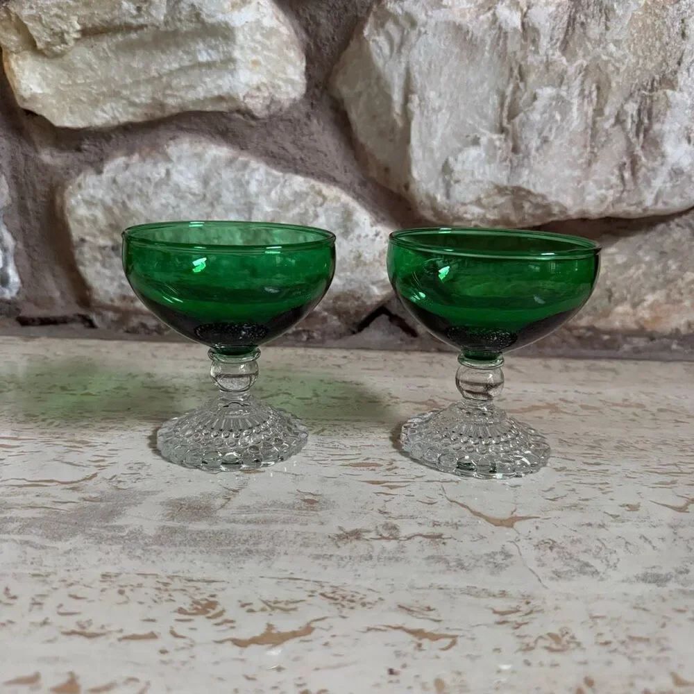Vintage Anchor Hocking Forest Green Bubble Foot Sherbet Glass set of 2